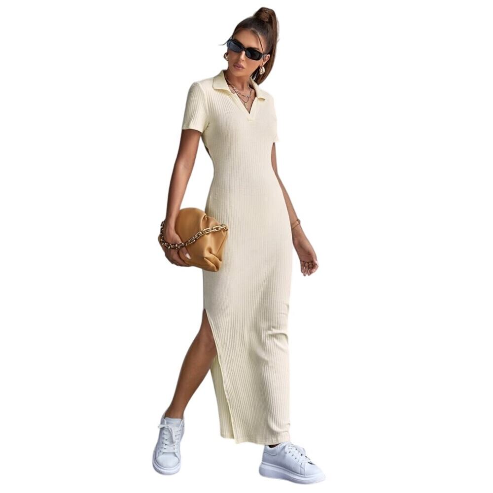Shein Split Thigh Tie Backless Rib Knit Dress Womens Size S